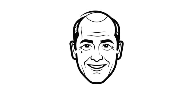 Black and white portrait illustration of a bald man with a friendly smiling expression and a small mole on his cheek.