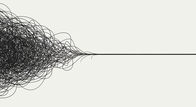 Abstract chaotic lines converging to a single straight line on a light background