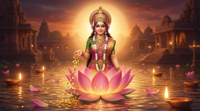 Goddess Lakshmi traditional divine illustration used for spiritual decor, wealth symbolism, and religious artwork in sacred temple setting background wallpaper