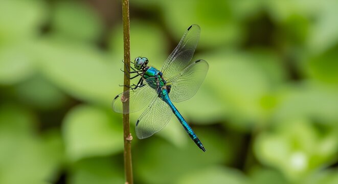 A vibrant blue dragonfly with gossamer wings rests on a thin branch amidst blurred green foliage