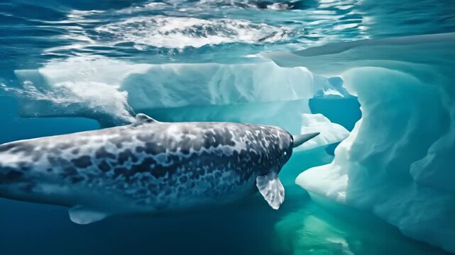 Arctic Narwhal Swims Through Icy Underwater Waters