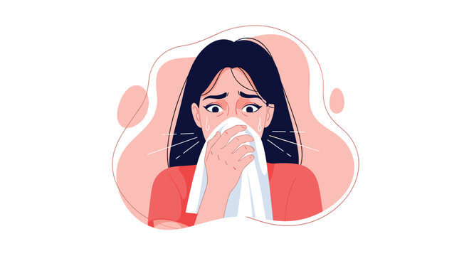Illustration of a woman feeling unwell, sneezing into a white tissue or crying against a soft pink abstract decorative background.