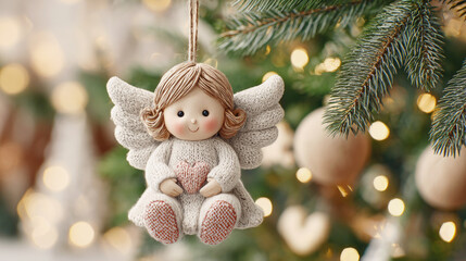 Fototapeta premium Close-up of a cute angel ornament hanging on a decorated Christmas tree with warm glowing lights and soft bokeh background.
