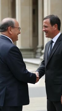 International relations. Diplomats shaking hands during meeting outdoors.