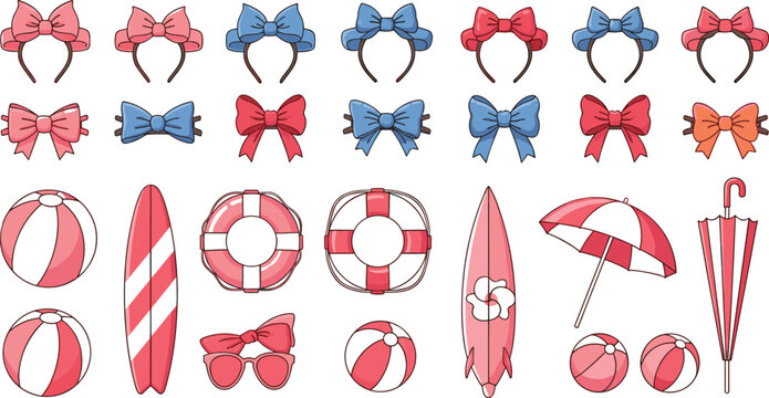Summer beach accessories vector set featuring bows, beach balls, surfboards, lifebuoys, umbrella, sunglasses and seaside vacation elements illustration