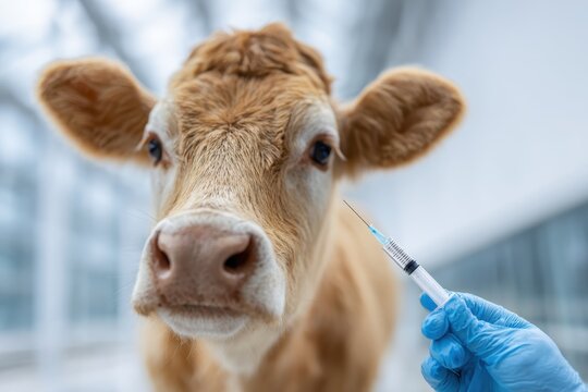 Cow vaccination. Animal received vaccinated in veterinary clinic. Vet doctor giving injection to cattle. Mammals vaccinating. Food industry Safety. Health check veterinarian. Foot-and-mouth disease
