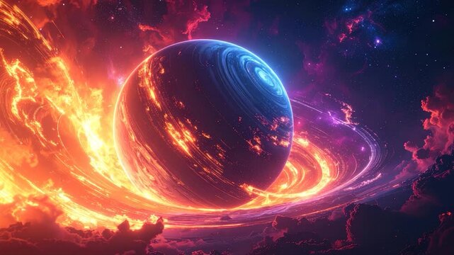 A celestial orb enveloped in fiery energy and surrounded by nebula
