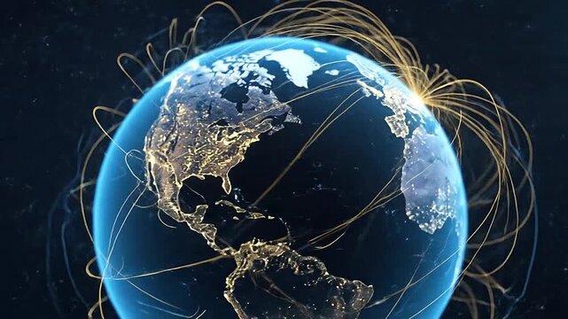 A glowing digital globe showing global network connections and data communication flow