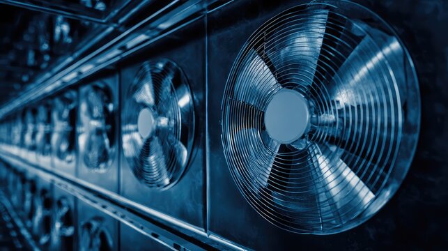 Server room featuring a row of industrial cooling fans providing essential ventilation and temperature control for high tech hardware, supporting cryptocurrency mining and digital infrastructure