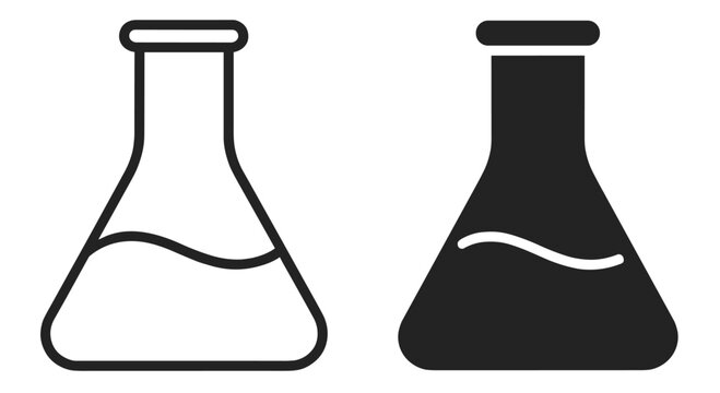 laboratory flask icon, chemistry glassware with liquid, outline and silhouette vector illustration isolated on transparent background