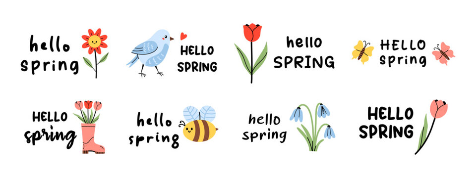 Vector set of cute hello spring lettering compositions with flower, bird, tulip, butterfly, boot, bee, snowdrop. Playful seasonal doodle label collection for sticker, card, banner, social media.