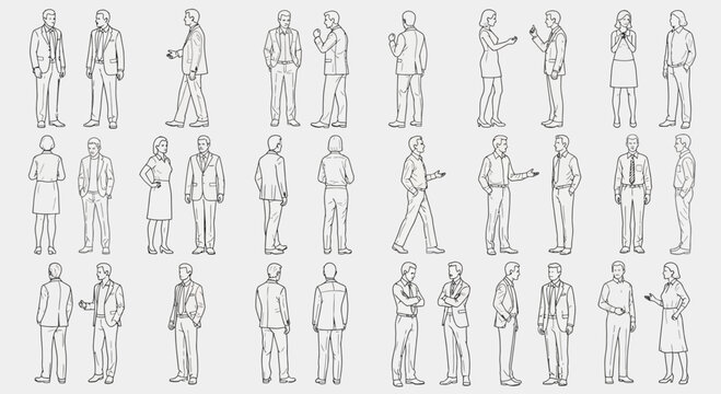 Collection of diverse people standing, walking, and talking, architectural drawing style