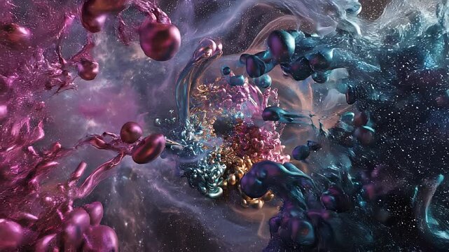 Abstract cosmic scene with swirling, glossy, and amorphous forms in iridescent colors