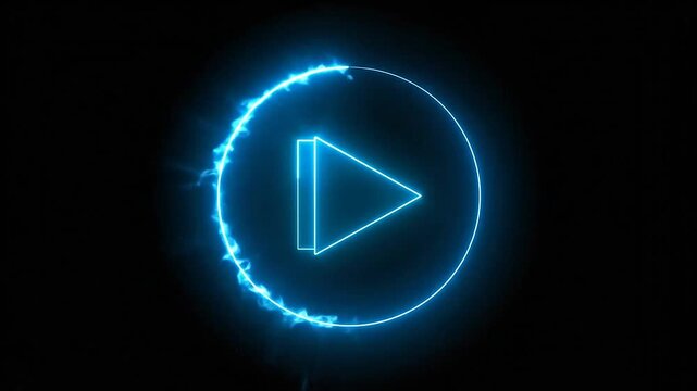 A glowing blue neon play button icon isolated on a solid black background
