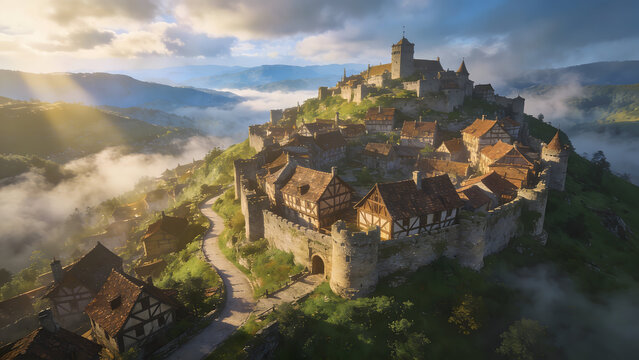  Aerial bird's-eye view of a sprawling medieval fantasy town built on a lush green hill, fortified stone walls, timber-framed houses with brown clay tile roofs, mystical morning mist and fog rolling 