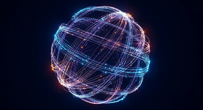 Glowing sphere composed of intersecting blue and purple light trails with small orange particle dots