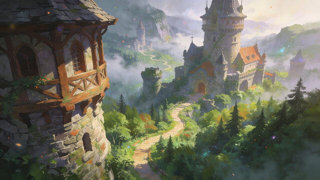  Aerial bird's-eye view of a sprawling medieval fantasy town built on a lush green hill, fortified stone walls, timber-framed houses with brown clay tile roofs, mystical morning mist and fog rolling 