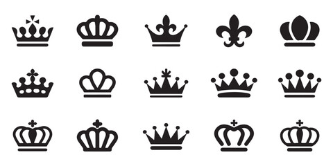 Collection of royal crown and fleur de lis symbols icons set vector graphic elements black white. © Monoara