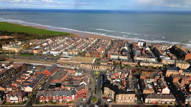 High angle drone view of Saltburn seaside architecture and coast