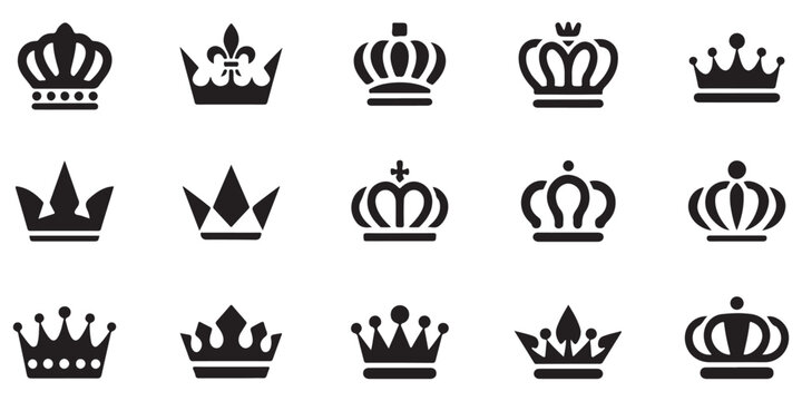Decorative crown symbols collection featuring various artistic shapes for royalty and noble status representation.