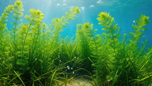 A serene underwater scene with lush green aquatic plants and sunlight