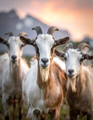 Obraz premium Three goats, close-up, gazing at the camera, mountain backdrop, sunset sky