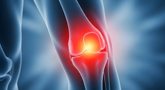 Human knee joint illustration with highlighted pain area