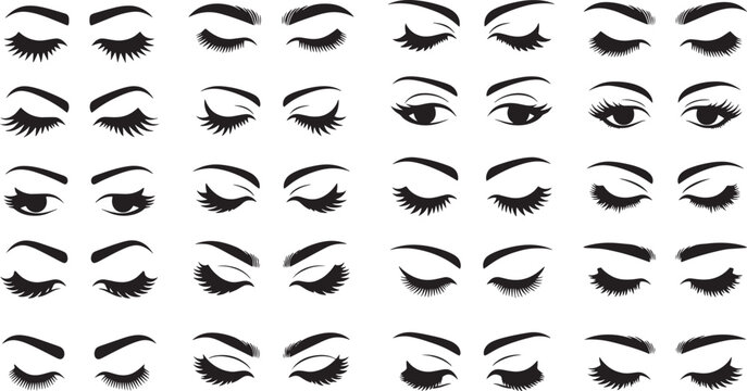 Set of beautiful female eyes and long eyelashes silhouettes vector illustration for makeup and lash extensions beauty salon

