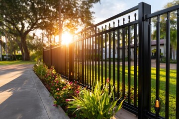 Fototapeta premium Modern Reinforced Gate with Motion Lights Under the Sun in a Beautiful Landscape