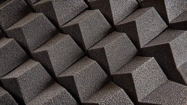 Acoustic foam panels create a geometric pattern, providing essential soundproofing and noise reduction for various spaces requiring improved audio quality and insulation