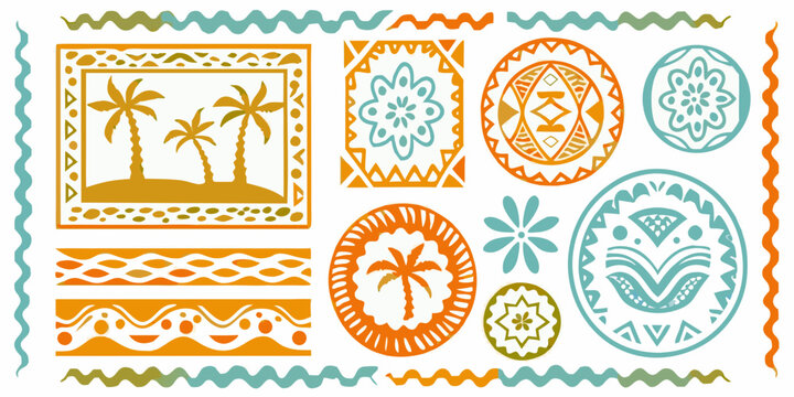 Colorful tropical patterns and motifs arranged on a white background