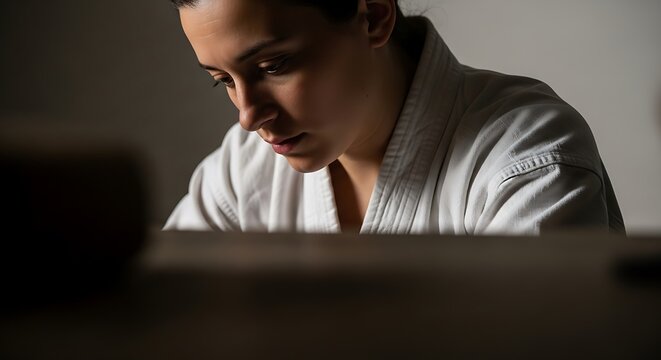 Young Woman in Martial Arts Gi Deep in Thought.
