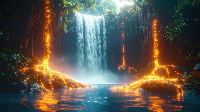 Serene waterfall in a lush jungle, framed by glowing golden vines and lights