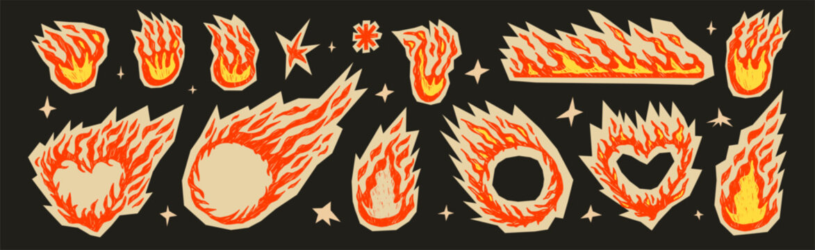Hot promo sale stickers. Flame doodles in crayon, hand-drawn fire with grunge textures. Retro promo cutouts and text boxes for creative project. Vector bonfire and sale heart frames, borders isolated.