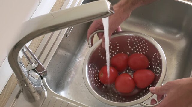 Washing fresh tomatoes in a large colander under running water in kitchen