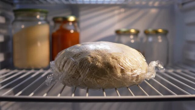 Dough is wrapped and placed in the refrigerator to rise. Waiting for the next steps in the bread-making process