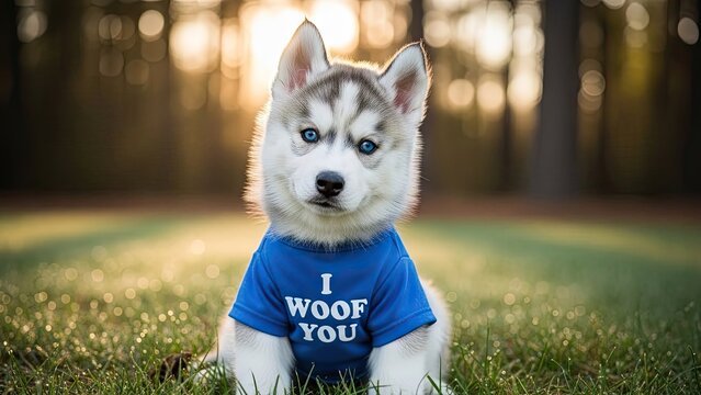 A cute husky puppy wearing a blue shirt in the grass