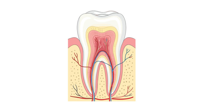 A comprehensive medical diagram illustrates a human tooth with intricate blue veins and red arteries extending deep into the surrounding alveolar bone tissue.