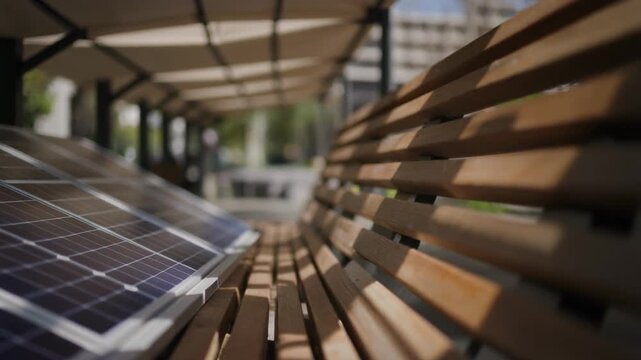 Wooden park bench with solar panels for sustainable energy generation in an urban environment