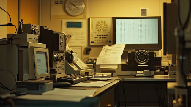 Vintage scientific research laboratory with analog computers and intricate machinery creating an atmosphere of retro technology, development, and past computing