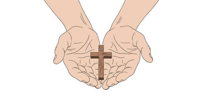 Detailed open palms cradle a textured brown wooden cross with intricate grain lines under bright lighting conditions against a pure white empty background.