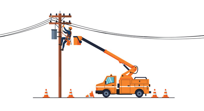 A dedicated utility lineman utilizes an orange hydraulic bucket truck boom to perform essential maintenance on a transformer atop a tall wooden power pole.