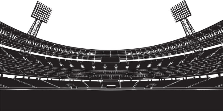 Vector illustration of a modern sports stadium at night. Bright floodlights illuminate the empty arena, poised for thrilling events and competitions, a grand venue for athletic action