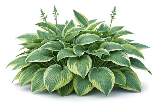 Green hosta plant bush isolated on a white background, lush garden foliage.