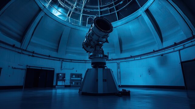 Large astronomical telescope pointing upwards inside an observatory dome, symbolizing scientific progress, technological advancement, and the exploration of the grand universe