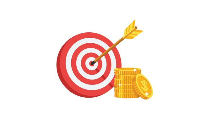 A vibrant red and white archery target with a meticulous gold-tipped arrow hitting the center bullseye sits beside a stack of shining gold dollar coins.
