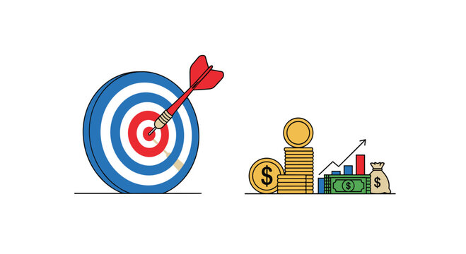 A bold blue and white target with a red dart in the bullseye stands next to a detailed financial chart with gold coins and a full money bag.