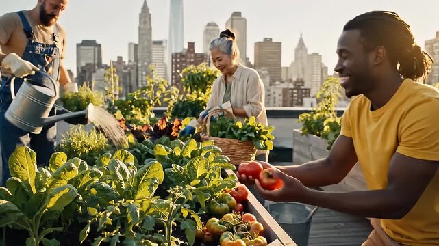Diverse people harvesting fresh vegetables in urban rooftop garden at sunset