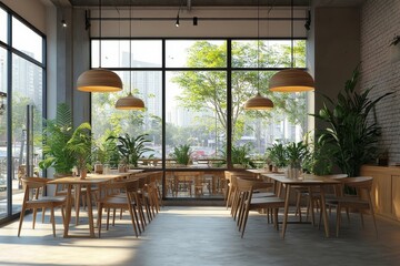 Fototapeta premium Modern cafe interior with wooden furniture and pendant lights, featuring large windows offering city views and a contemporary dining space. 3D Rendering, Generative AI
