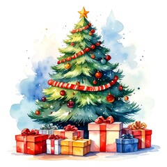 Fototapeta premium Watercolor Christmas tree with gifts underneath, whimsical and colorful